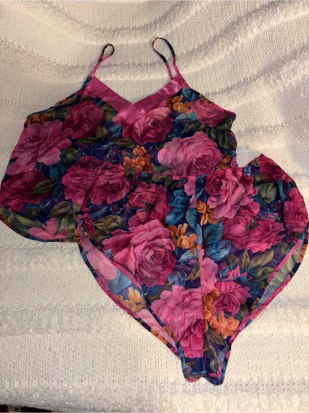 Vintage Floral Satin Lace-Trim Cami & Shorts Set - Pink Floral